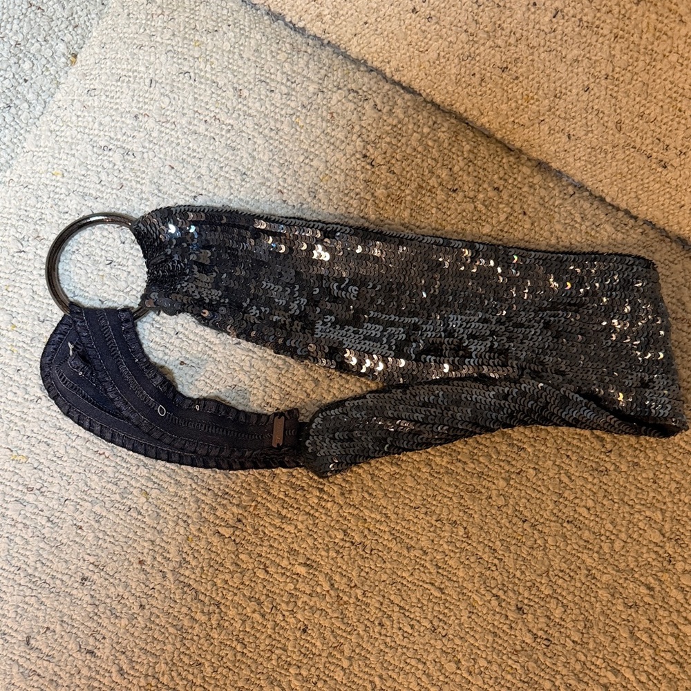 Free People Black Sequin Ring-Handle Scarf Belt